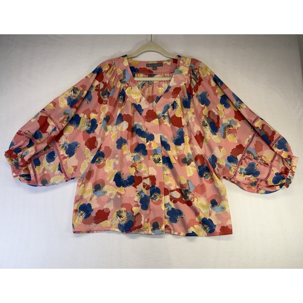 Sharagano Peach Multicolor Balloon Raglan Sleeve Oversize Boho Peasant Top Large